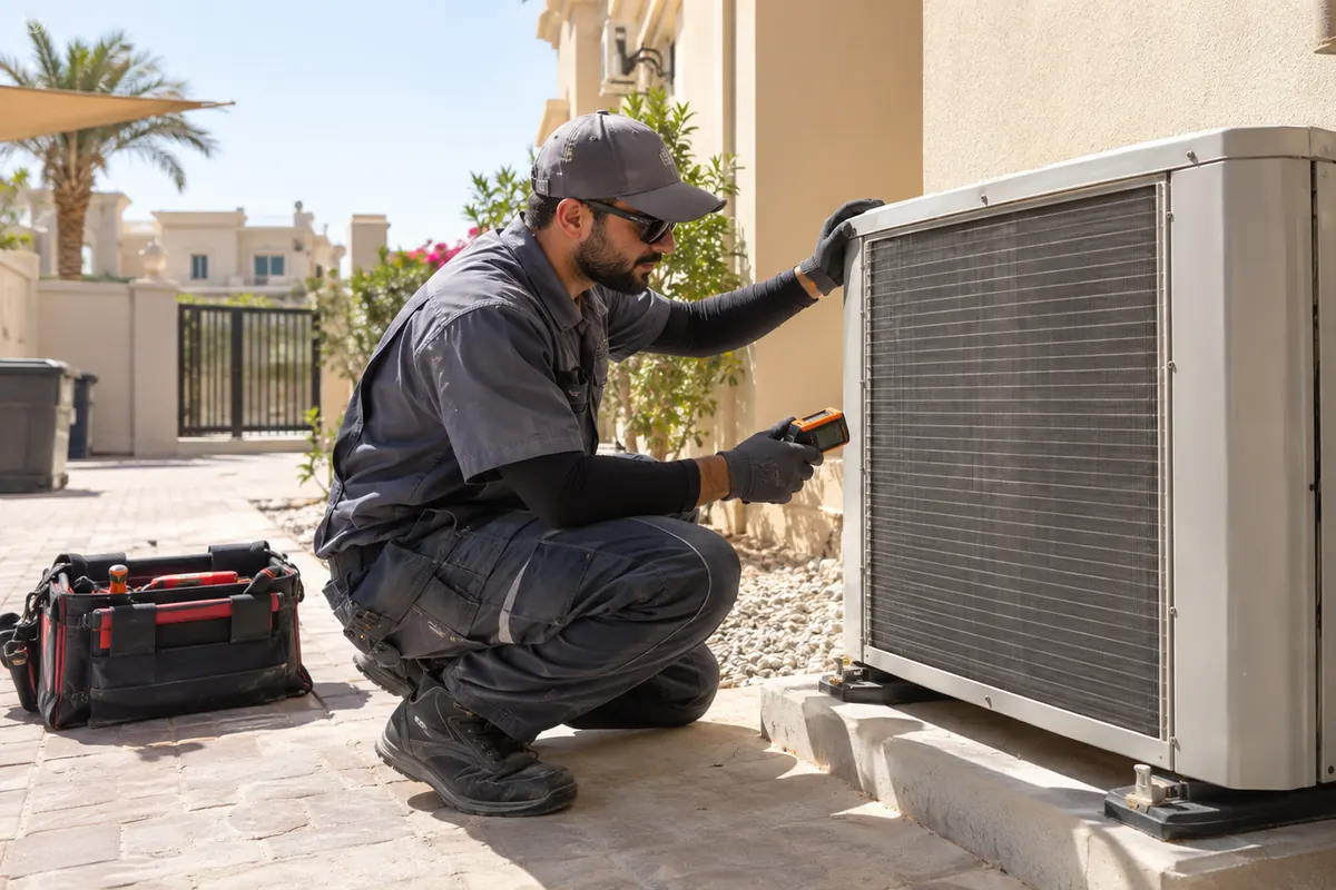 Male HVAC professional inspecting an outdoor AC condenser at a Dubai villa before peak summer