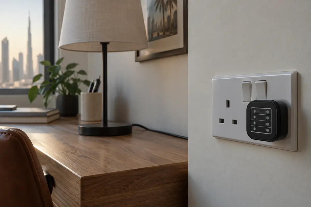Unlit plug-in tester in an intact wall socket beside an unresponsive table lamp in a Dubai home study