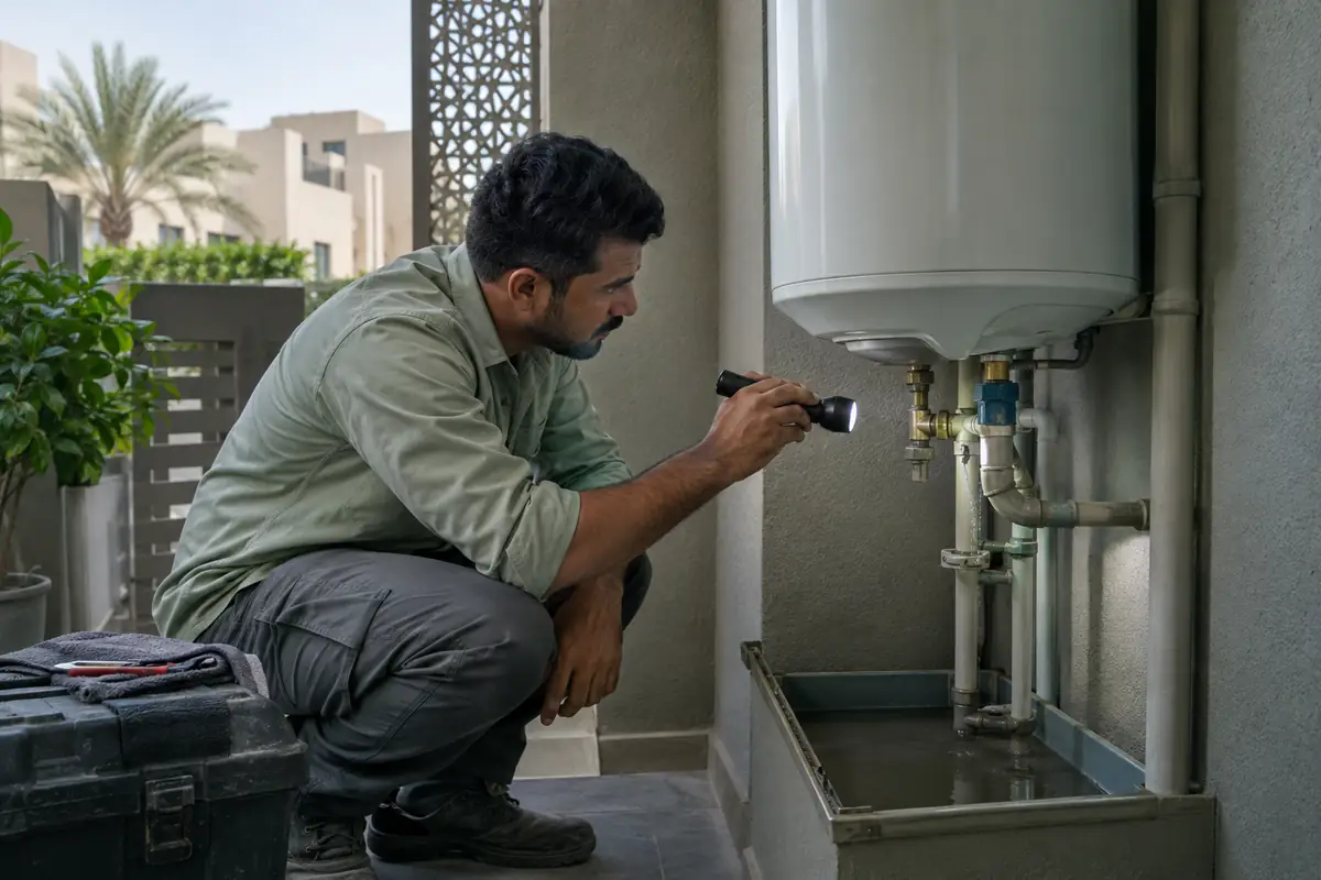 Male plumber inspecting moisture beneath a residential water heater on a Dubai townhouse utility balcony
