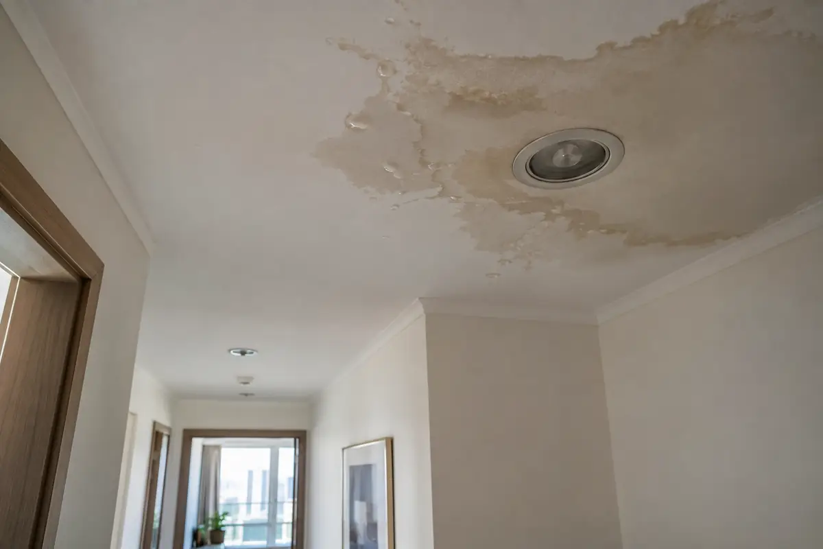 Moisture stain and water droplets surrounding a switched-off recessed ceiling light in a Dubai apartment hallway