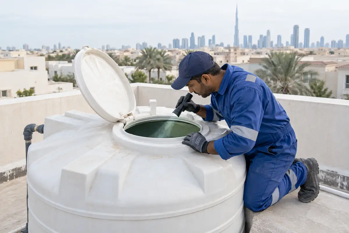 Male water-tank technician safely inspecting an open rooftop storage tank from outside the hatch