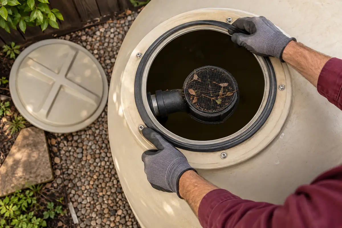 Male technician checking a water-tank cover gasket, fasteners and inlet screen from above
