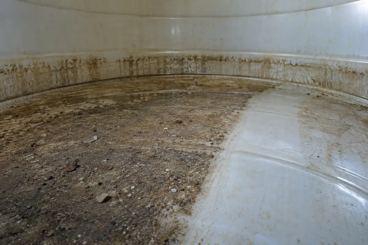 Settled sediment, debris and visible deposits beside a freshly cleaned strip inside an emptied water tank
