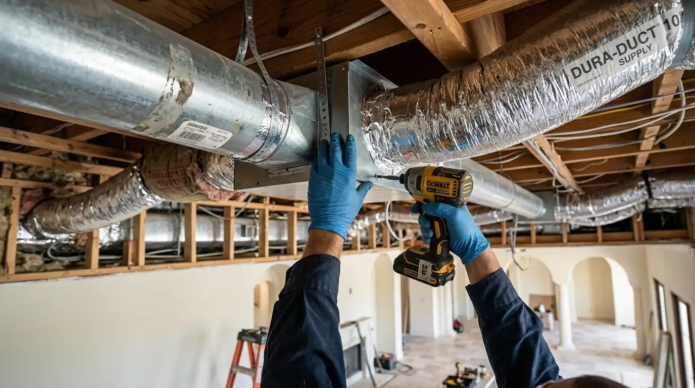 Technician installing ductwork for a ducted AC system