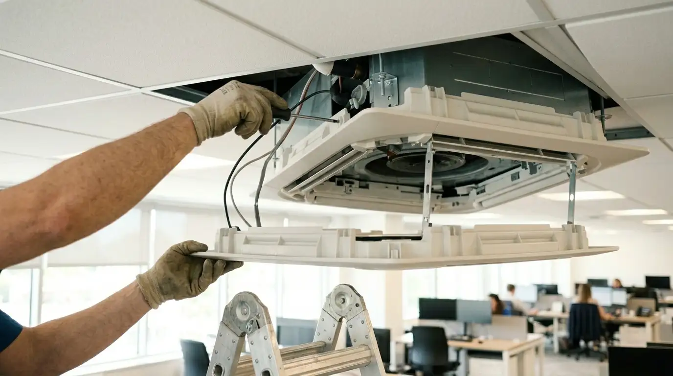Technician installing a ceiling cassette AC unit in an office