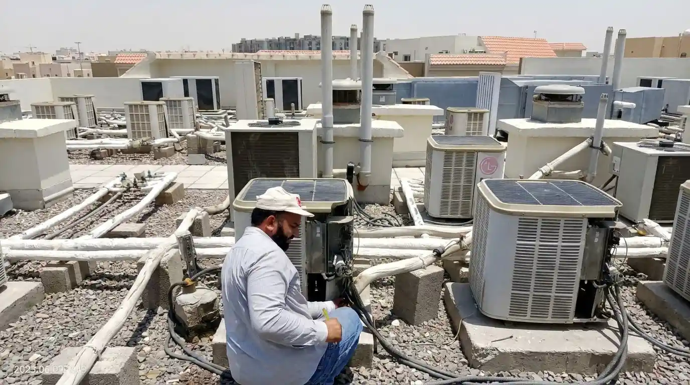 Technician working on multiple outdoor AC units for a VRF system